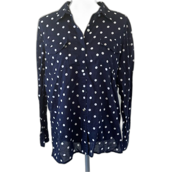 TALBOTS Blouse Women’s SZ M Polka Dot Button Front Long Sleeve Cotton Blue White - Picture 1 of 11